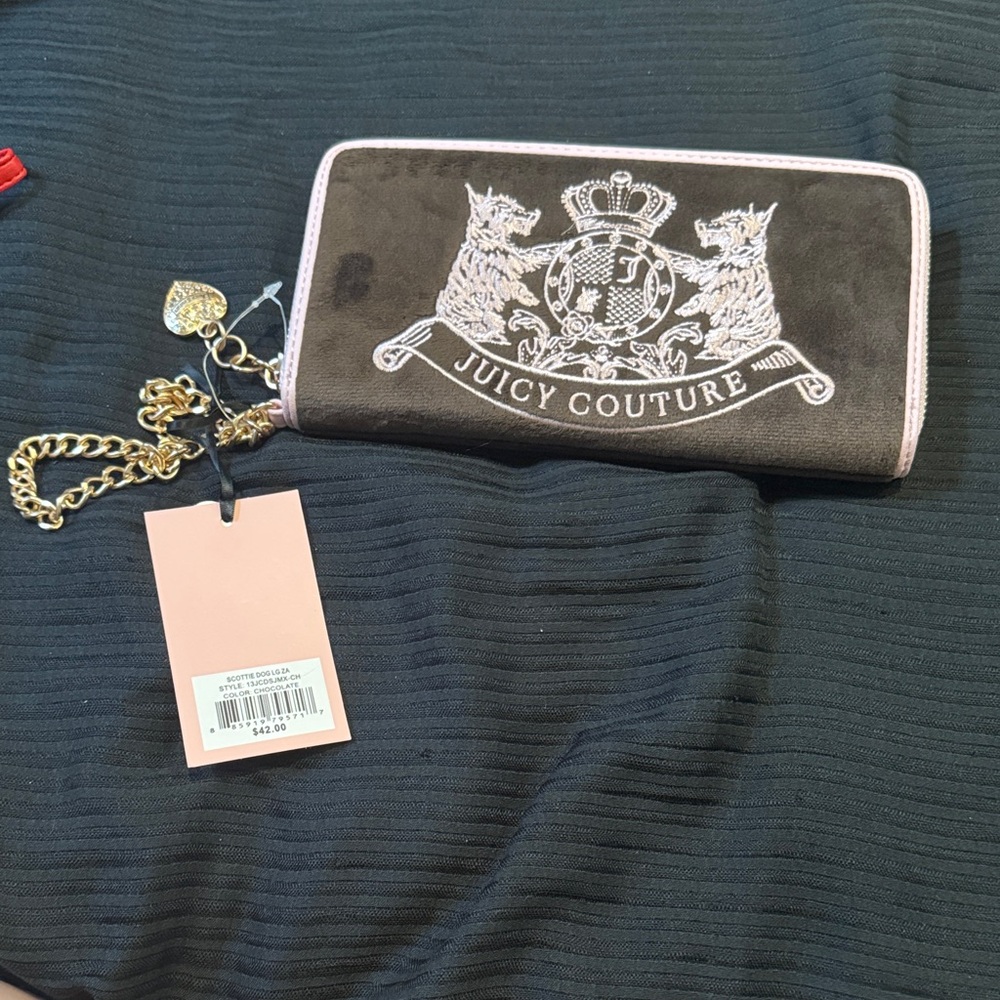 NWT Juicy Couture Brown Wallet with Pink Trim and Gold Chain Charm